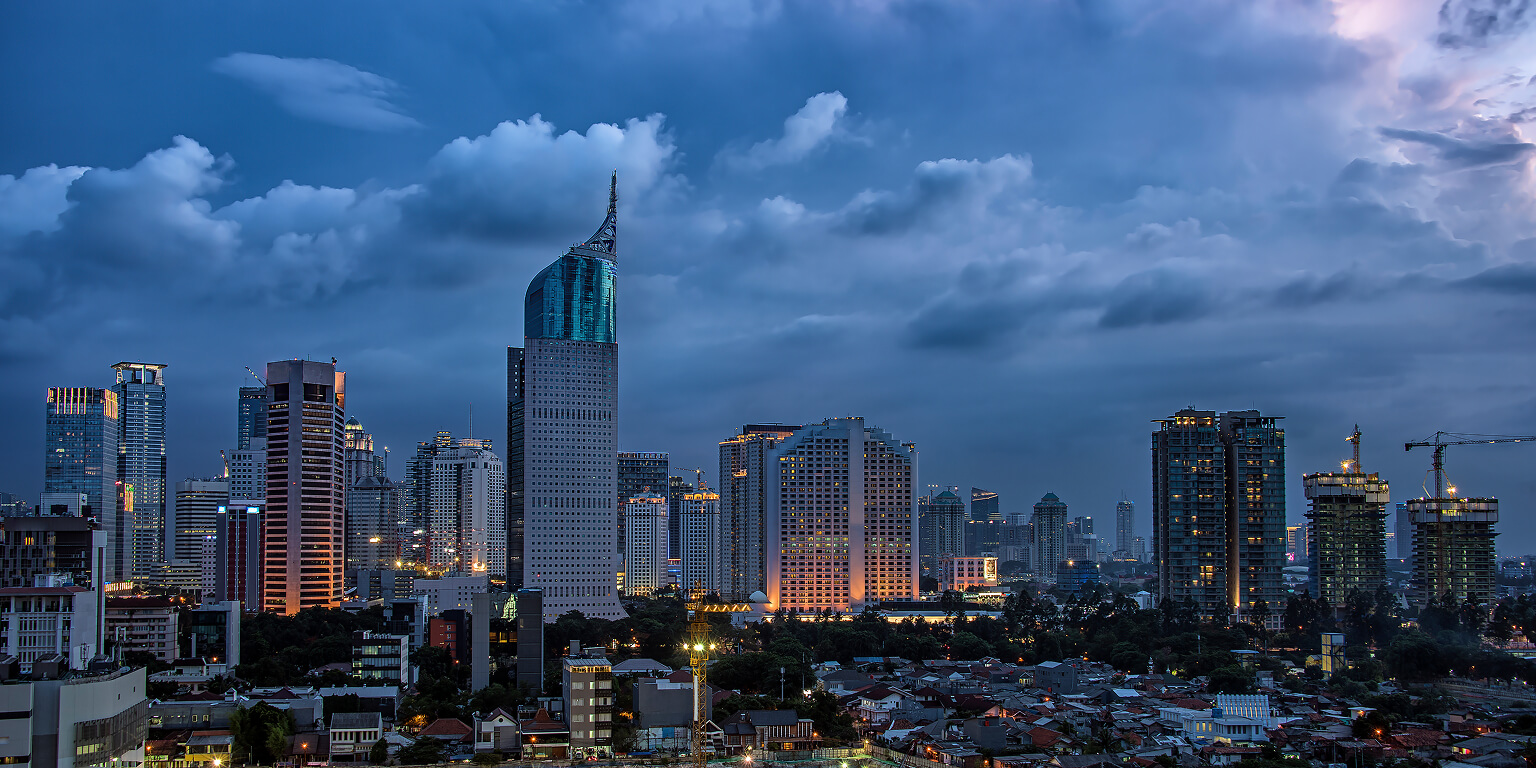 Dark and cloudy cityscape.