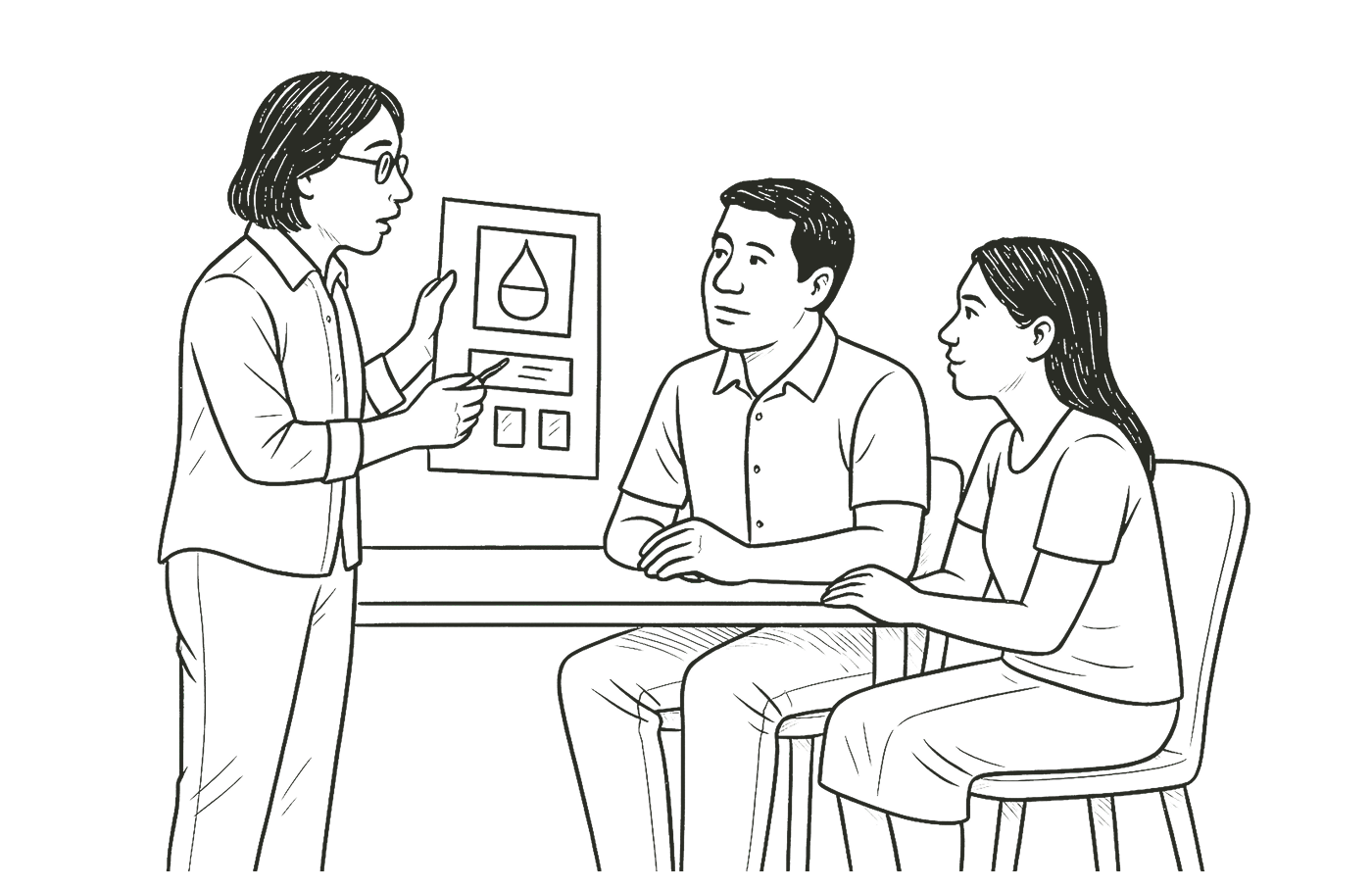 Illustration of three people talking and planing around a table.